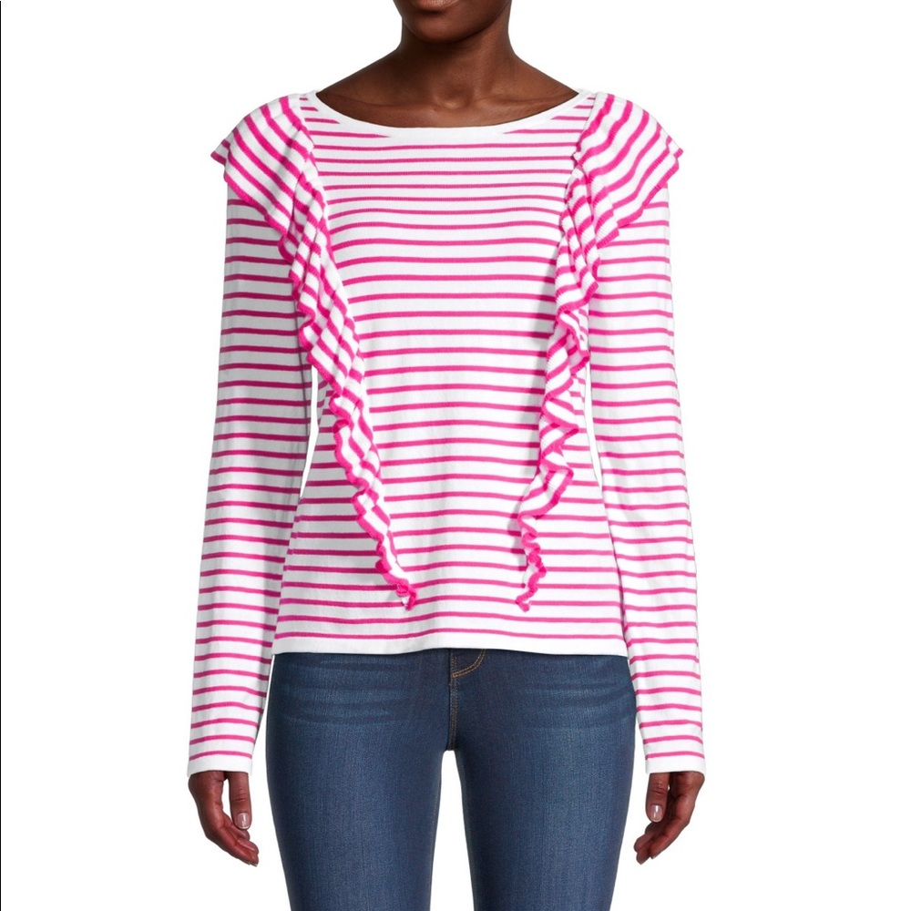 Lilly Pulitzer Ruth Ruffle Striped Sweater - Pink Tango Size Small